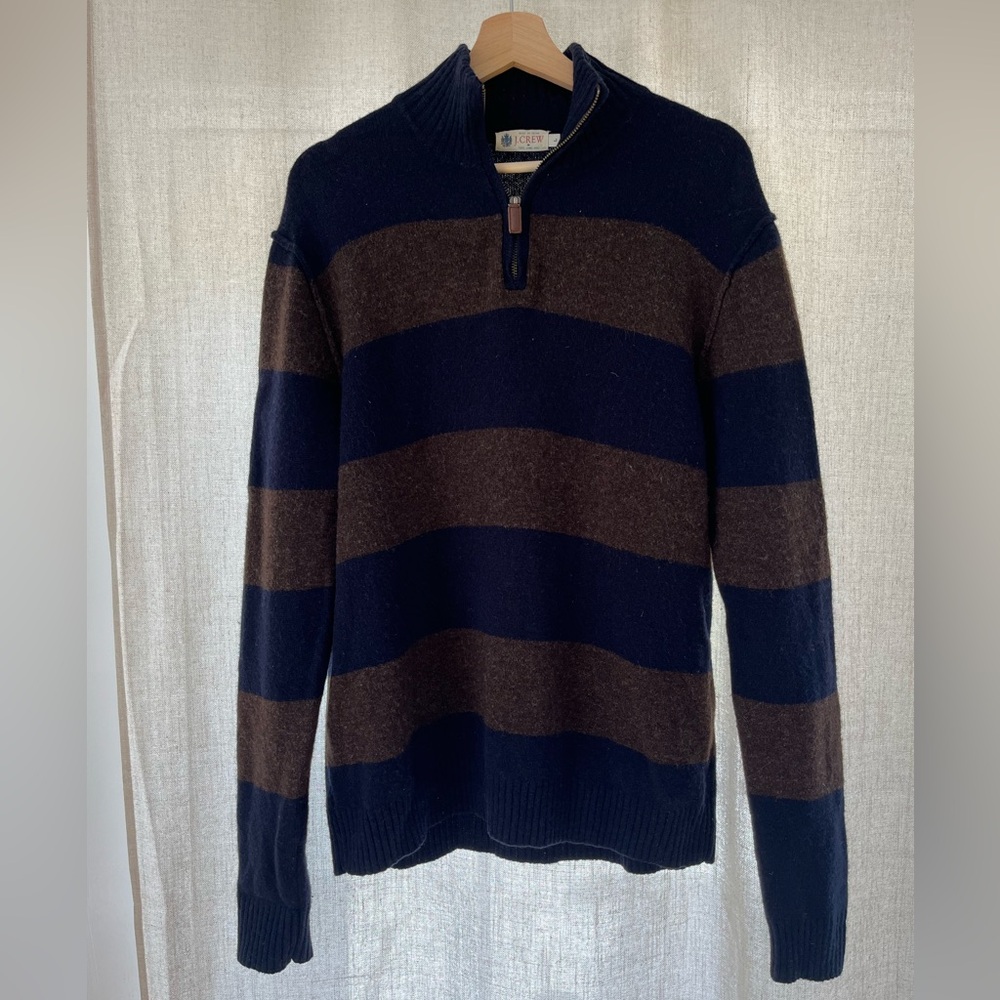 J. Crew Men's Half Zip Up Sweater Navy and Brown Stripe Leather Zipper Size L